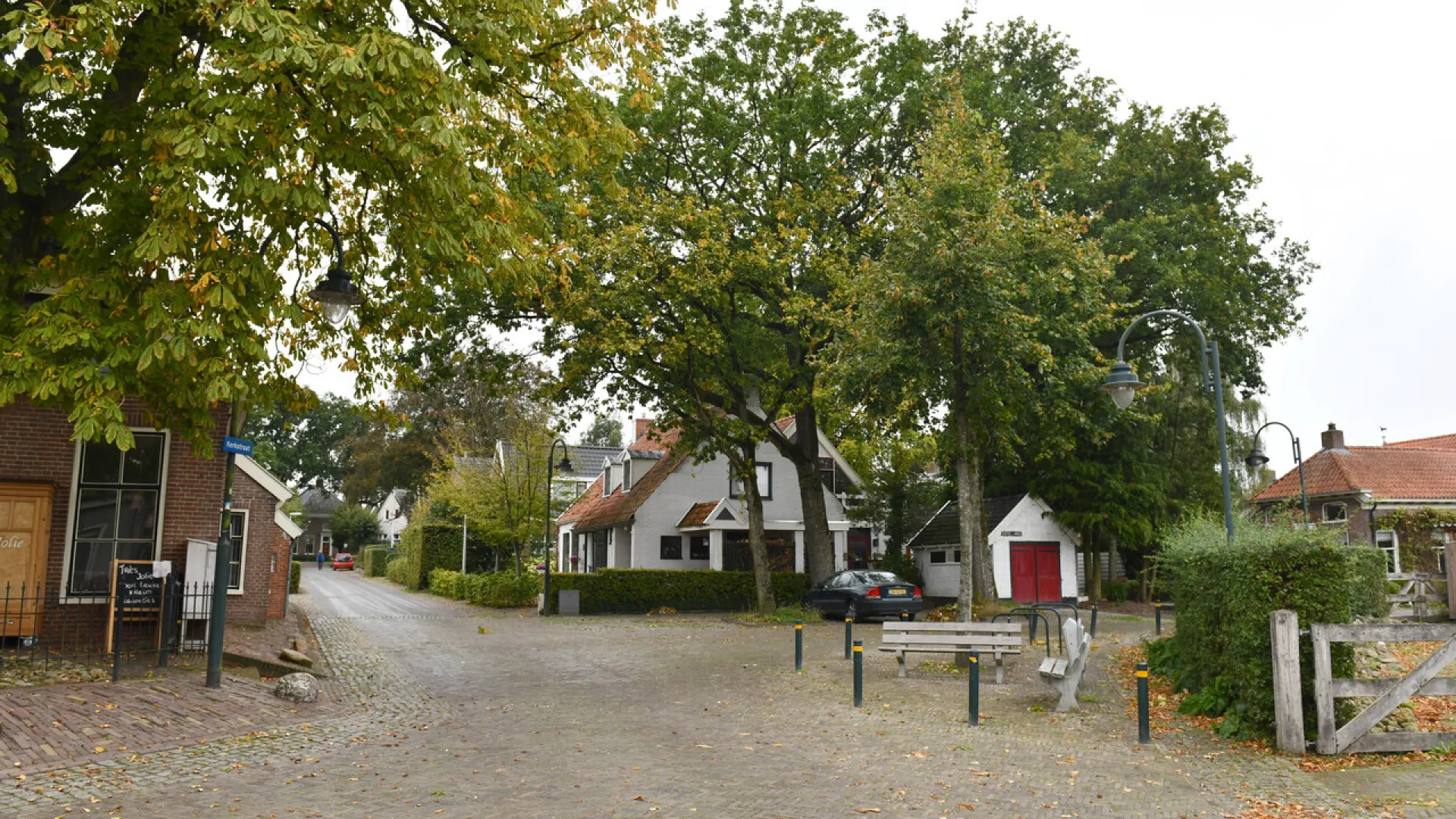 Een landelijke straat met traditionele gebouwen en bomen in de herfst.